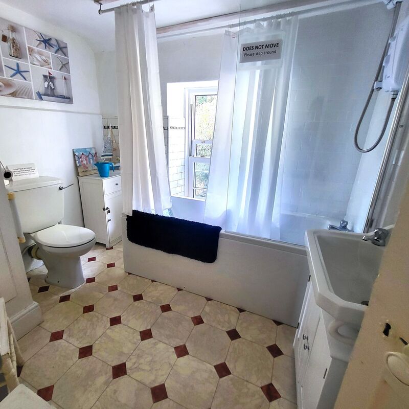 Bathroom with tub and electric shower